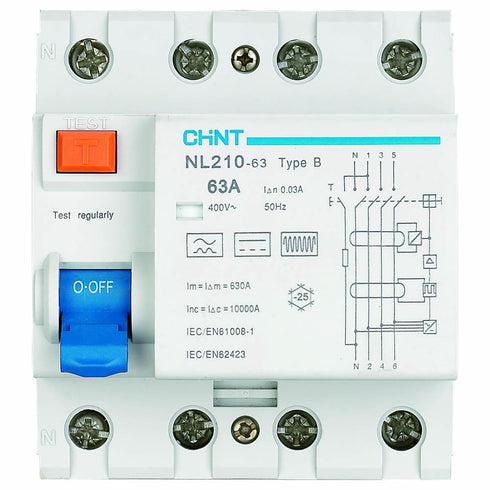 CHINT NL210 jordfeilbryter — Type B — 63A / 30mA — 3+N (4-Pol)